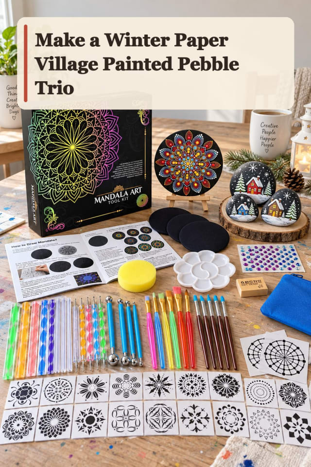 Winter Paper Village Painted Pebble Trio With Rock Painting Supplies maker-lifestyle pin