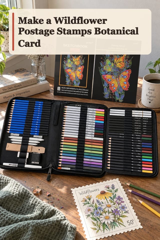 Wildflower Postage Stamps Botanical Card With Watercolor Pencil Supplies maker-lifestyle pin