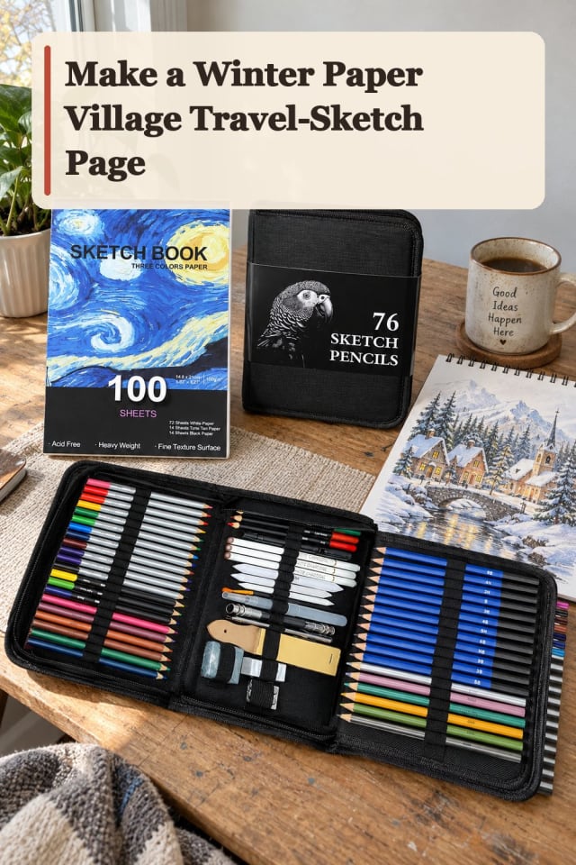 Winter Paper Village Travel Sketch Page With Watercolor Pencil Supplies maker-lifestyle pin