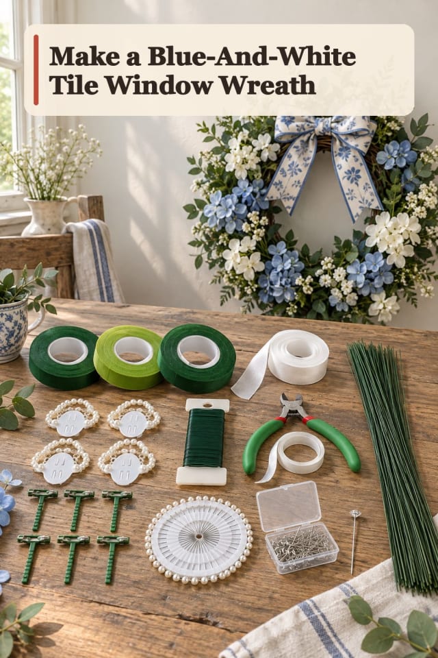 Blue And White Tile Window Wreath With Wreath Making Supplies maker-lifestyle pin