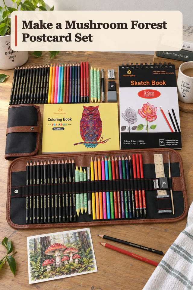 Mushroom Forest Postcard Set With Watercolor Pencil Supplies maker-lifestyle pin