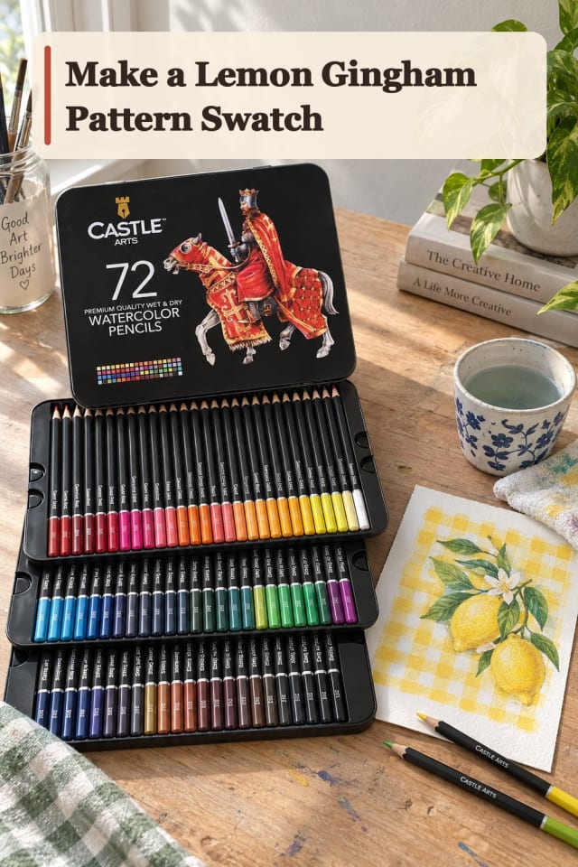 Lemon Gingham Pattern Swatch With Watercolor Pencil Supplies maker-lifestyle pin