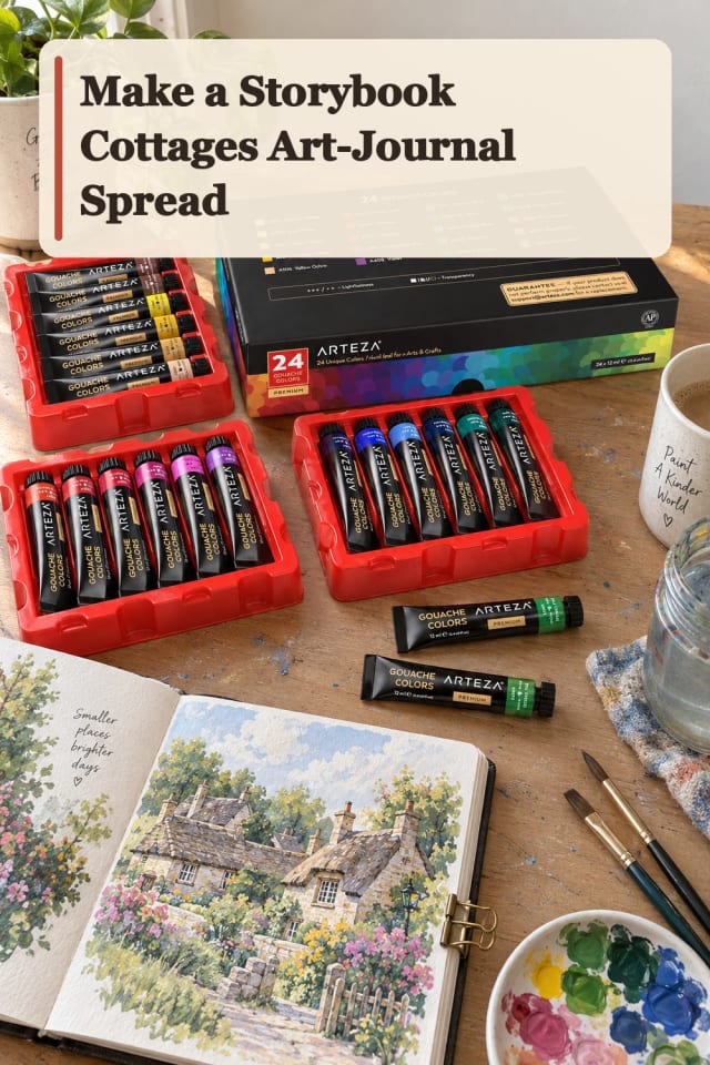 Storybook Cottages Art Journal Spread With Gouache Supplies maker-lifestyle pin