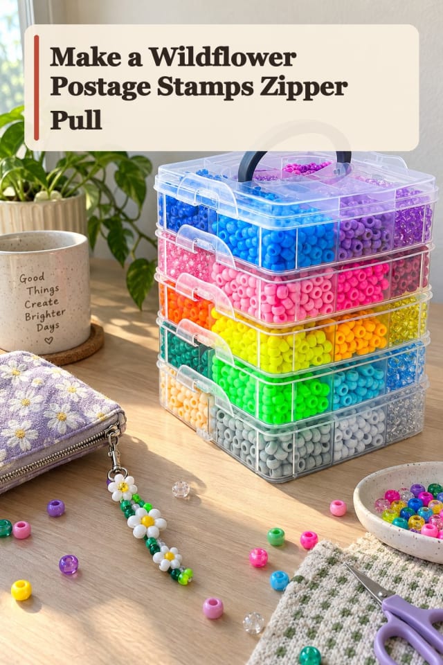 Wildflower Postage Stamps Zipper Pull With Friendship Bracelets Supplies maker-lifestyle pin