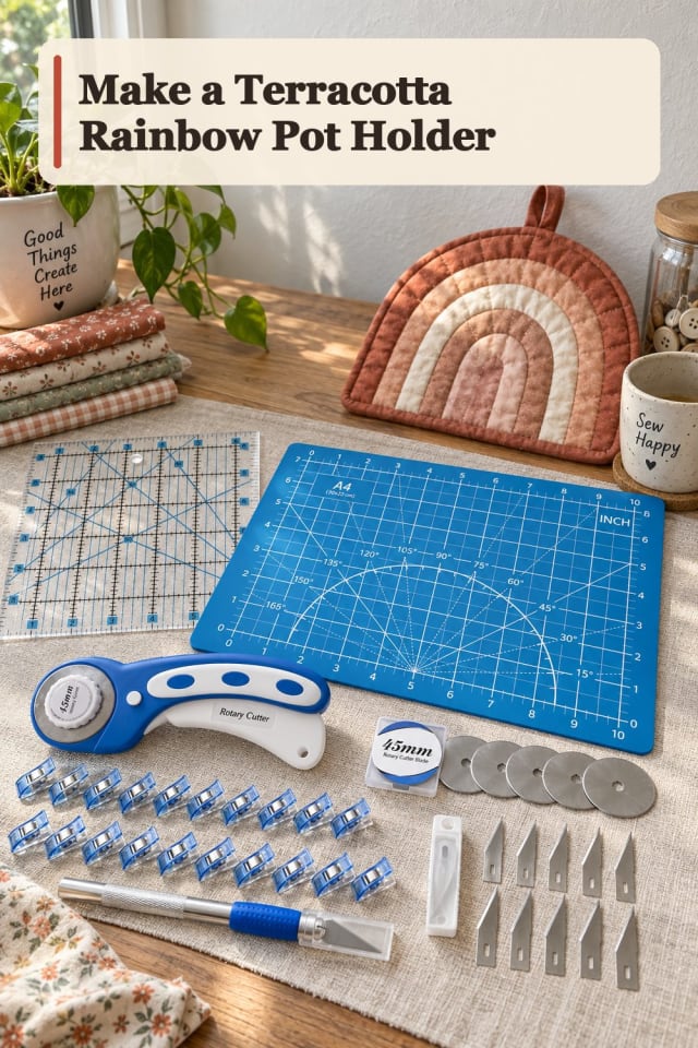 Terracotta Rainbow Pot Holder With Quilting Tools Supplies maker-lifestyle pin