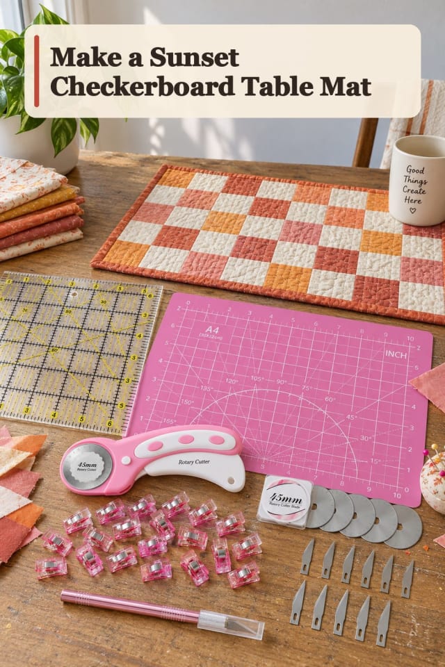 Sunset Checkerboard Table Mat With Quilting Tools Supplies maker-lifestyle pin
