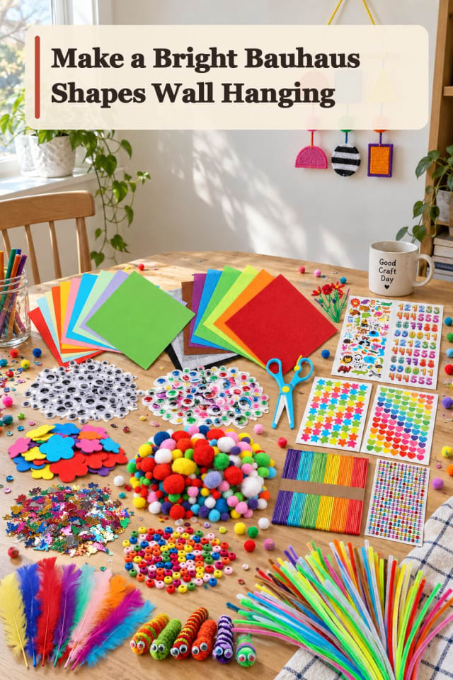 Bright Bauhaus Shapes Wall Hanging With Pom Pom Crafts Supplies maker-lifestyle pin