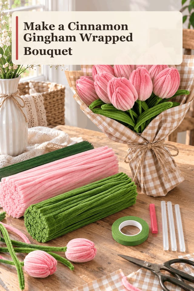 Wrapped Bouquet Craft Supplies — Cinnamon Gingham Wrapped Bouquet maker-lifestyle pin