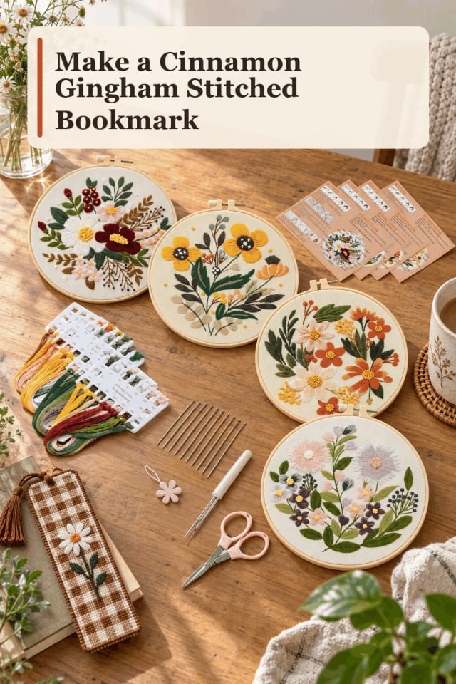 Stitched Bookmark Craft Supplies — Cinnamon Gingham Stitched Bookmark maker-lifestyle pin