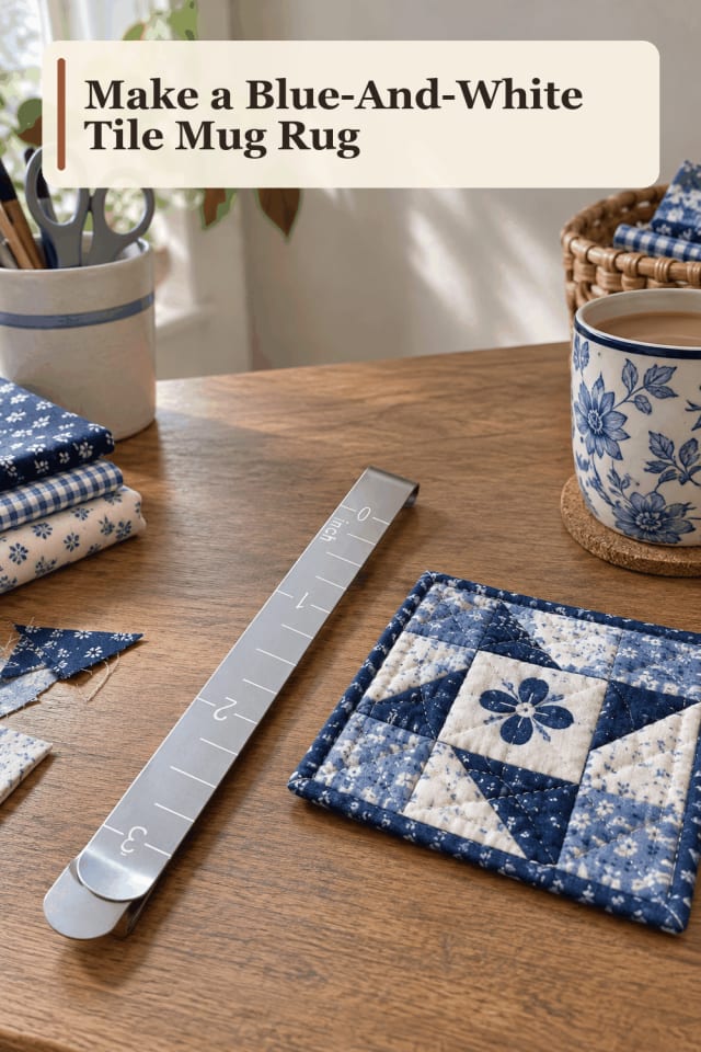 Mug Rug Craft Supplies — Blue-And-White Tile Mug Rug maker-lifestyle pin