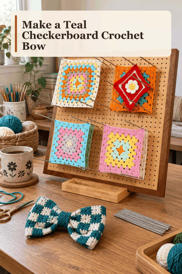 Crochet Bow Craft Supplies — Teal Checkerboard Crochet Bow maker-lifestyle pin