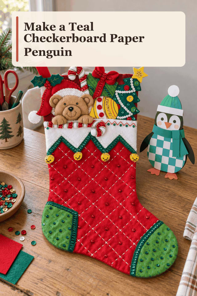 Paper Penguin Craft Supplies — Teal Checkerboard Paper Penguin maker-lifestyle pin