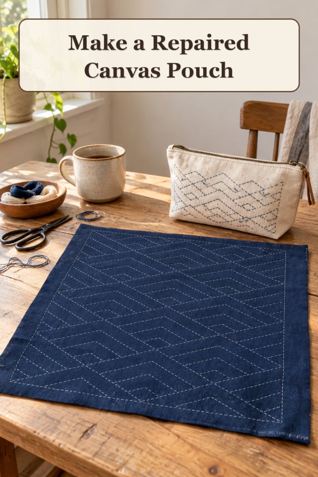 Sashiko Supplies: Repaired Canvas Pouch maker-lifestyle pin