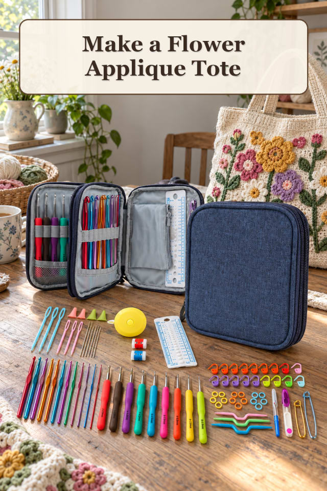 Crochet Upcycle Supplies: Flower Applique Tote maker-lifestyle pin