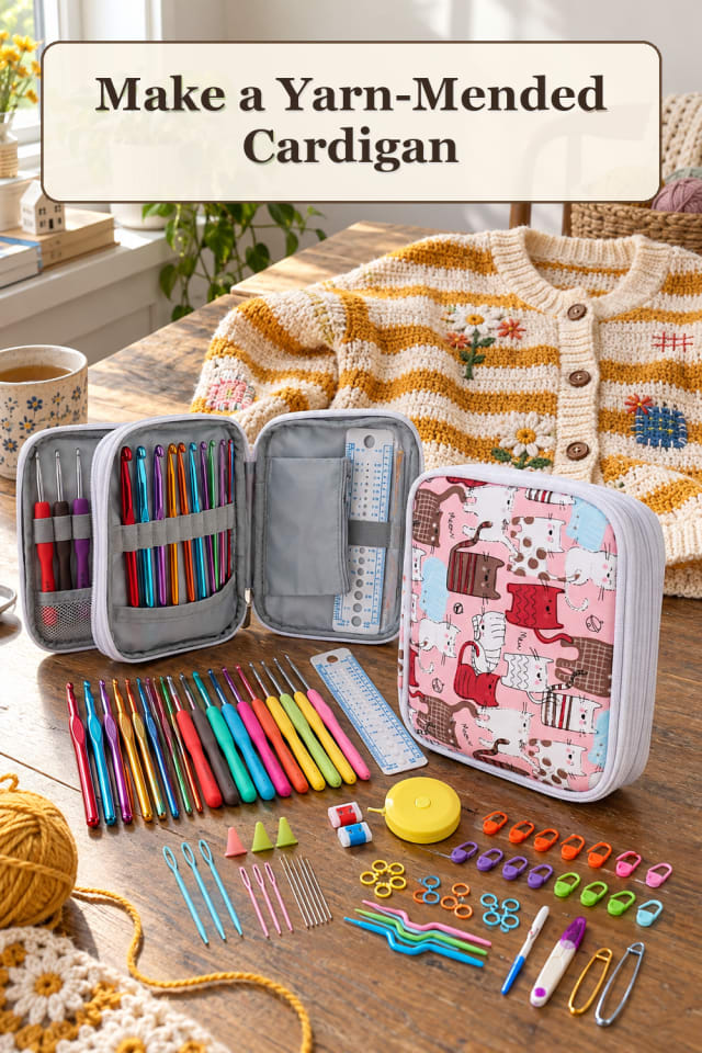 Crochet Upcycle Supplies: Yarn-Mended Cardigan maker-lifestyle pin