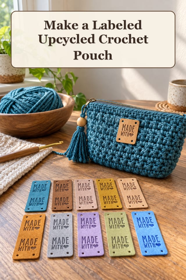 Crochet Upcycle Supplies: Labeled Upcycled Crochet Pouch maker-lifestyle pin