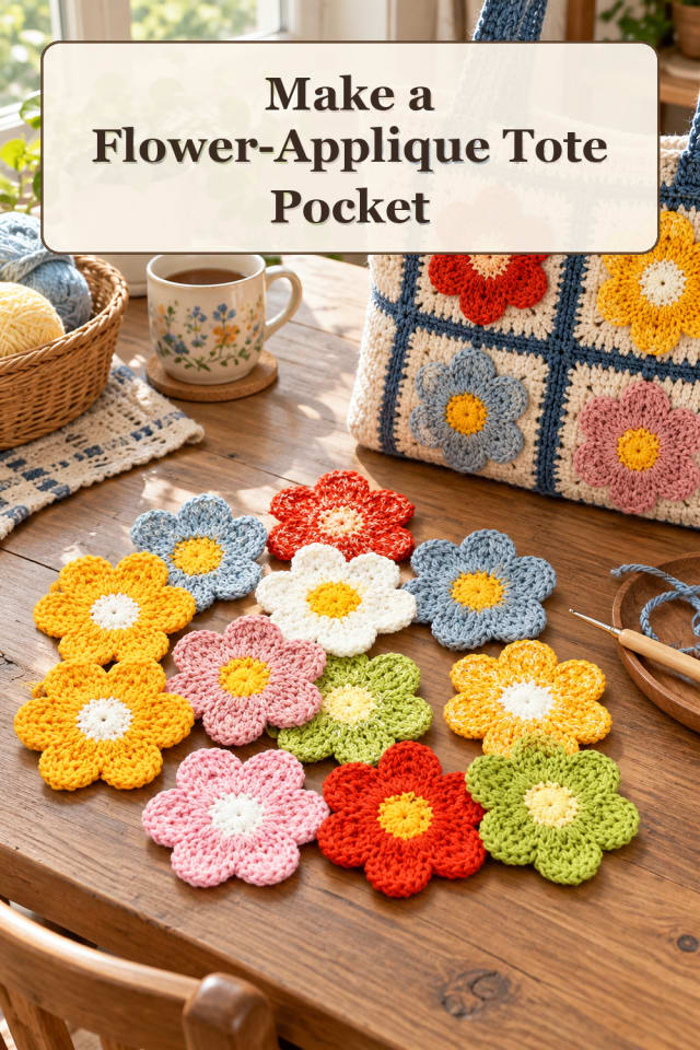 Crochet Upcycle Supplies: Flower-Applique Tote Pocket maker-lifestyle pin