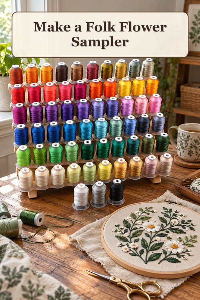 Hand Embroidery Supplies: Folk Flower Sampler maker-lifestyle pin