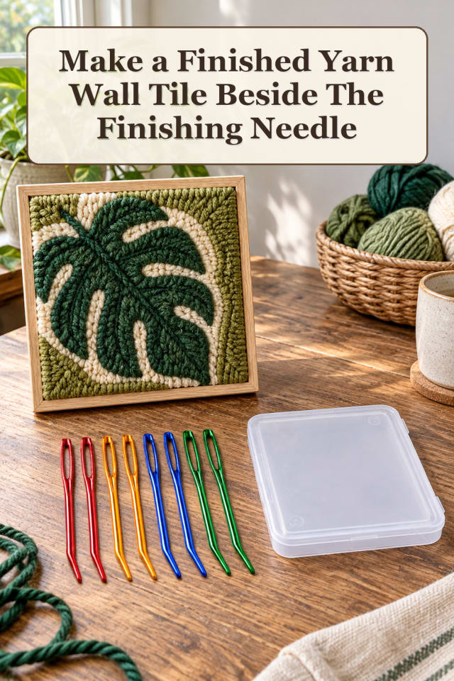 Punch Needle Supplies: Finished Yarn Wall Tile Beside The Finishing Needle maker-lifestyle pin