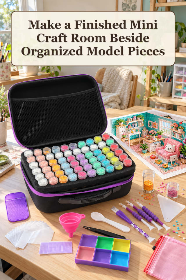 Mini Room Craft Supplies: Finished Mini Craft Room Beside Organized Model Pieces maker-lifestyle pin