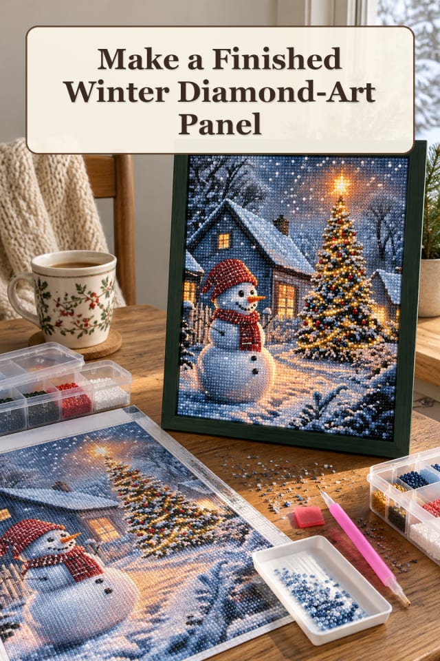 Handmade Christmas Craft Supplies: Finished Winter Diamond-Art Panel | Cozy Weekend Project maker-lifestyle pin