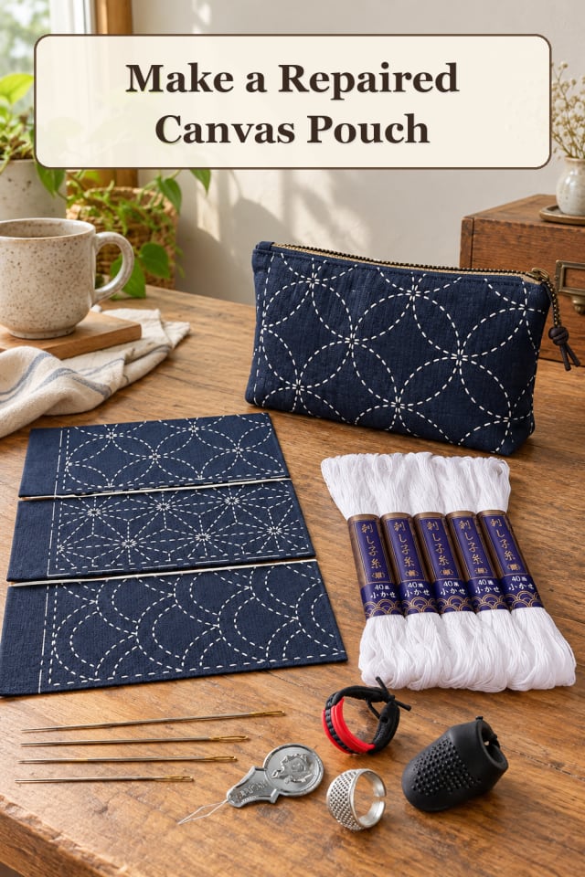 Sashiko Supplies: Repaired Canvas Pouch maker-lifestyle pin