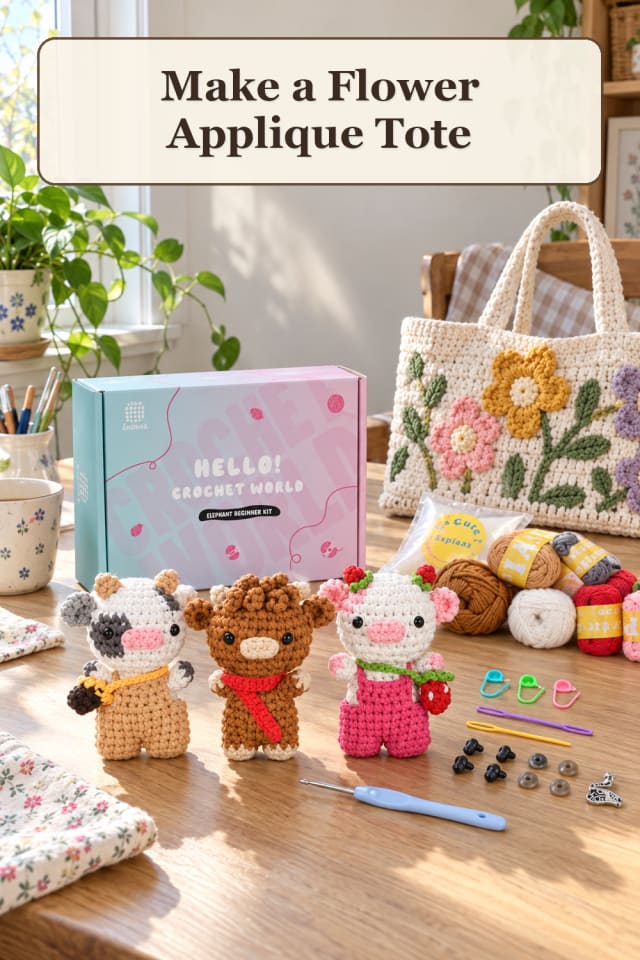 Crochet Upcycle Supplies: Flower Applique Tote maker-lifestyle pin