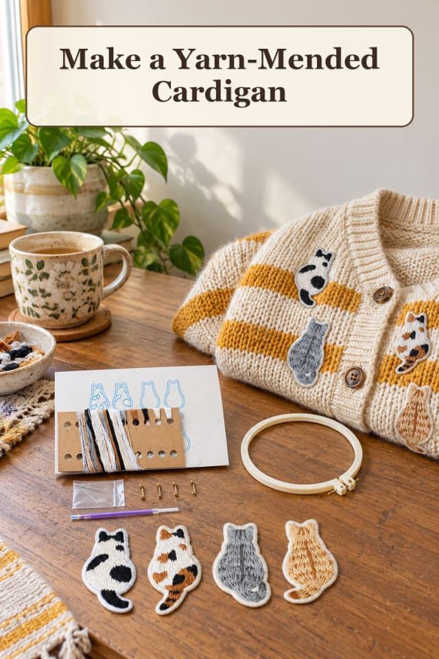 Crochet Upcycle Supplies: Yarn-Mended Cardigan maker-lifestyle pin