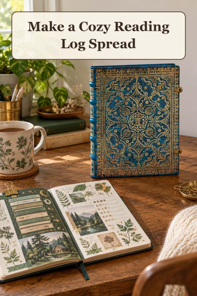 Reading Journal Supplies: Cozy Reading Log Spread maker-lifestyle pin