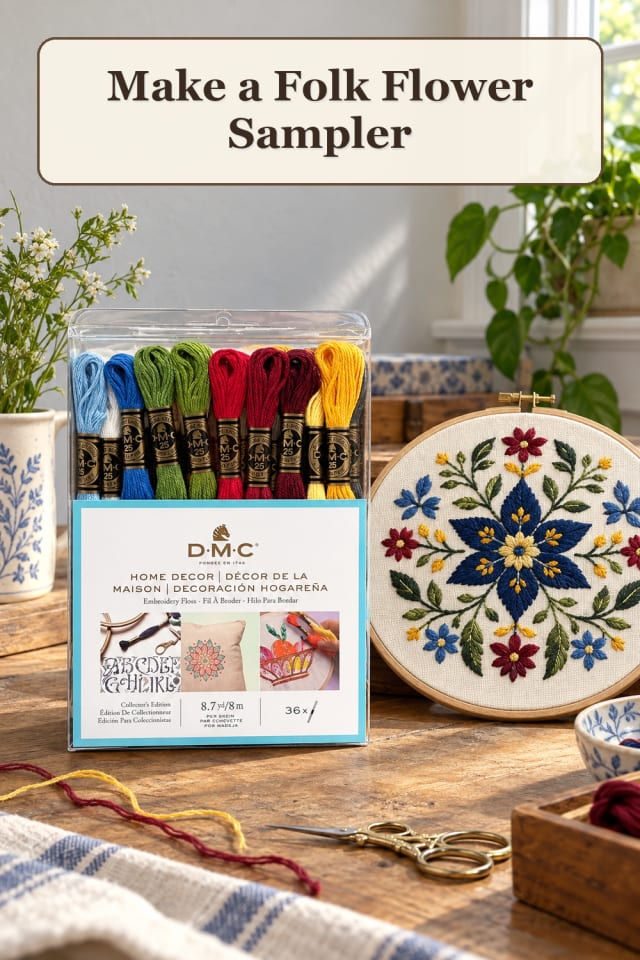 Hand Embroidery Supplies: Folk Flower Sampler maker-lifestyle pin
