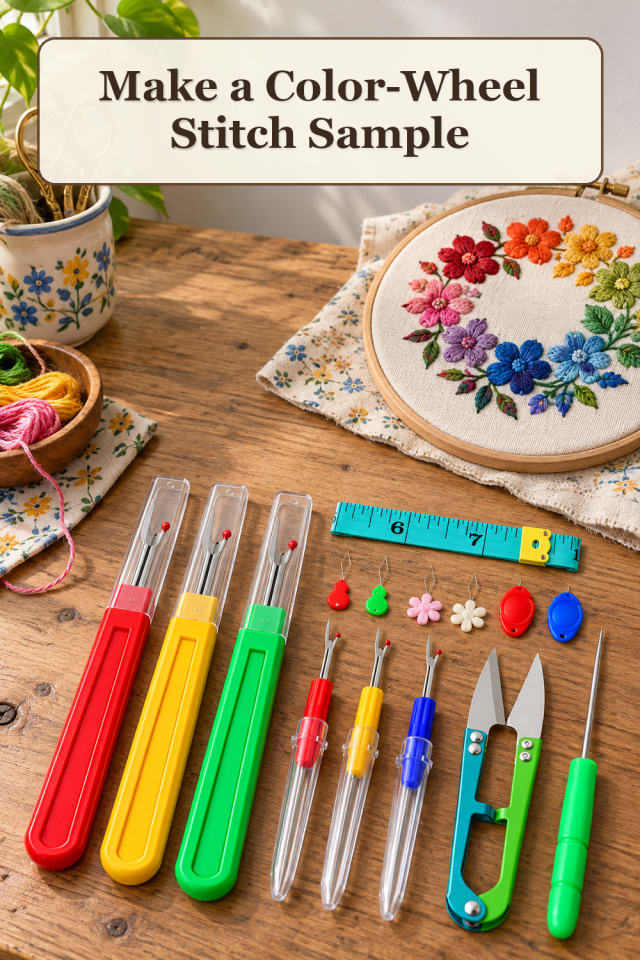 Hand Embroidery Supplies: Color-Wheel Stitch Sample maker-lifestyle pin