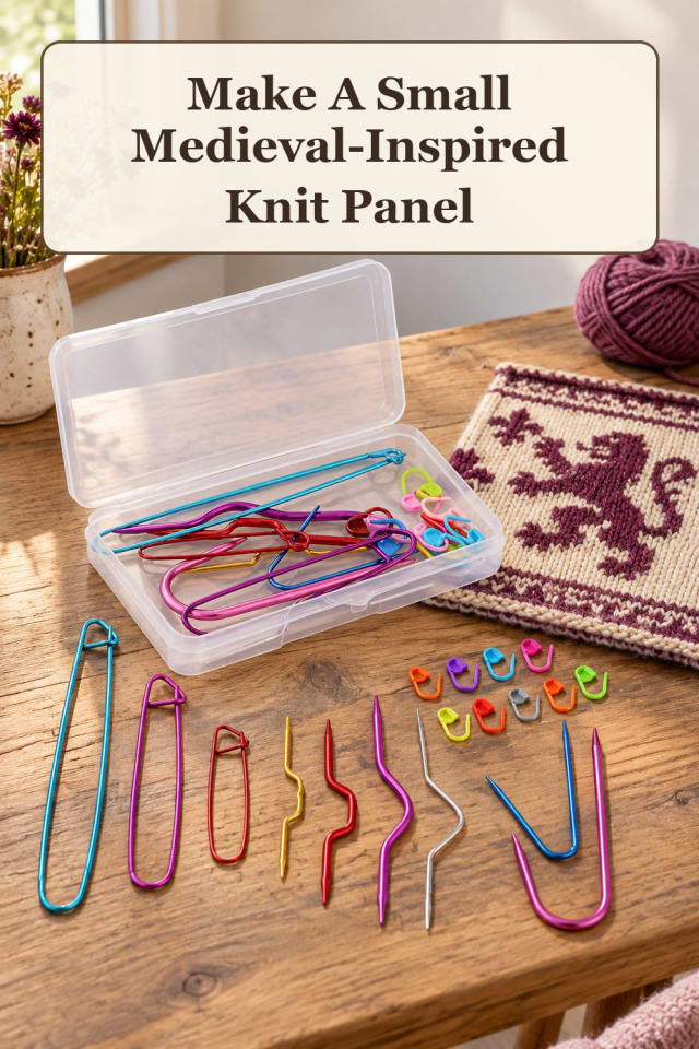 detailed medieval knitting supplies: cable knitting tools with wool yarn projects for projects maker-lifestyle pin