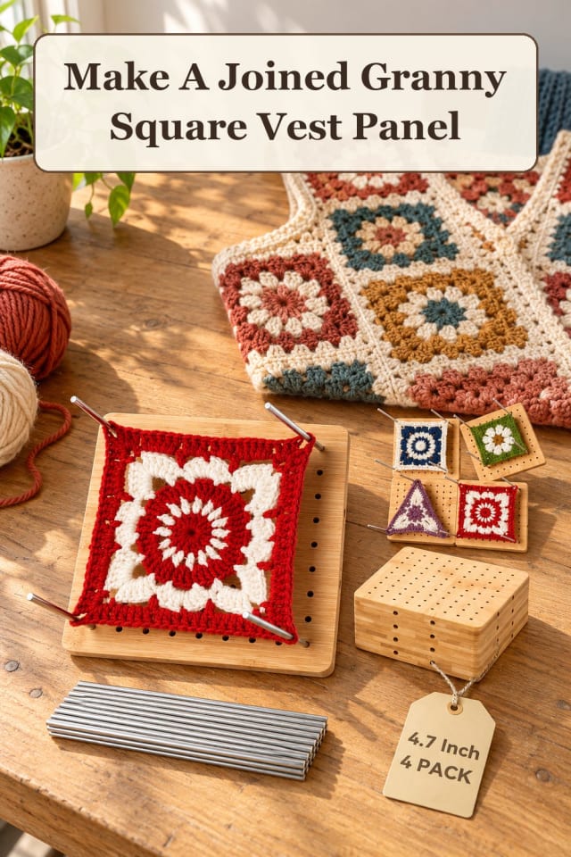beginner granny square crochet supplies using colorful yarn projects and crochet blocking tools maker-lifestyle pin