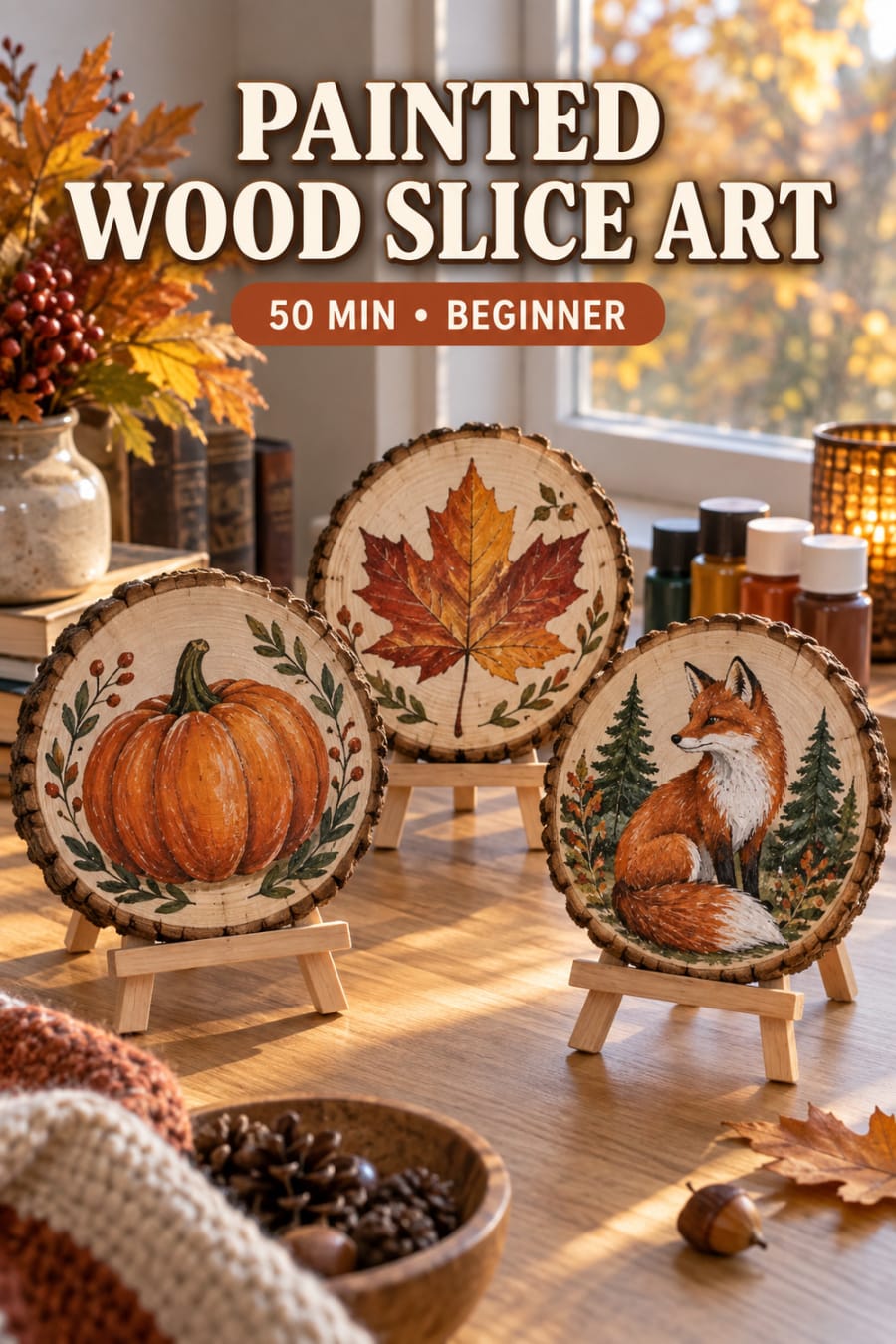 Painted Autumn Wood Slices pin