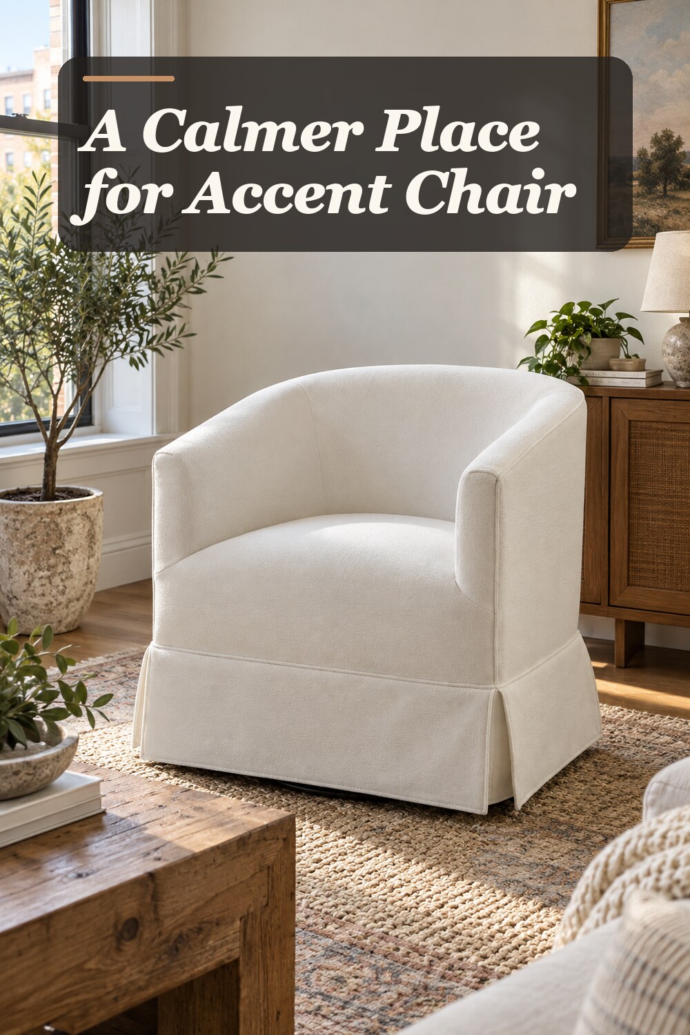 A accent chair used in a lived-in apartment living room with natural window light and practical everyday styling.