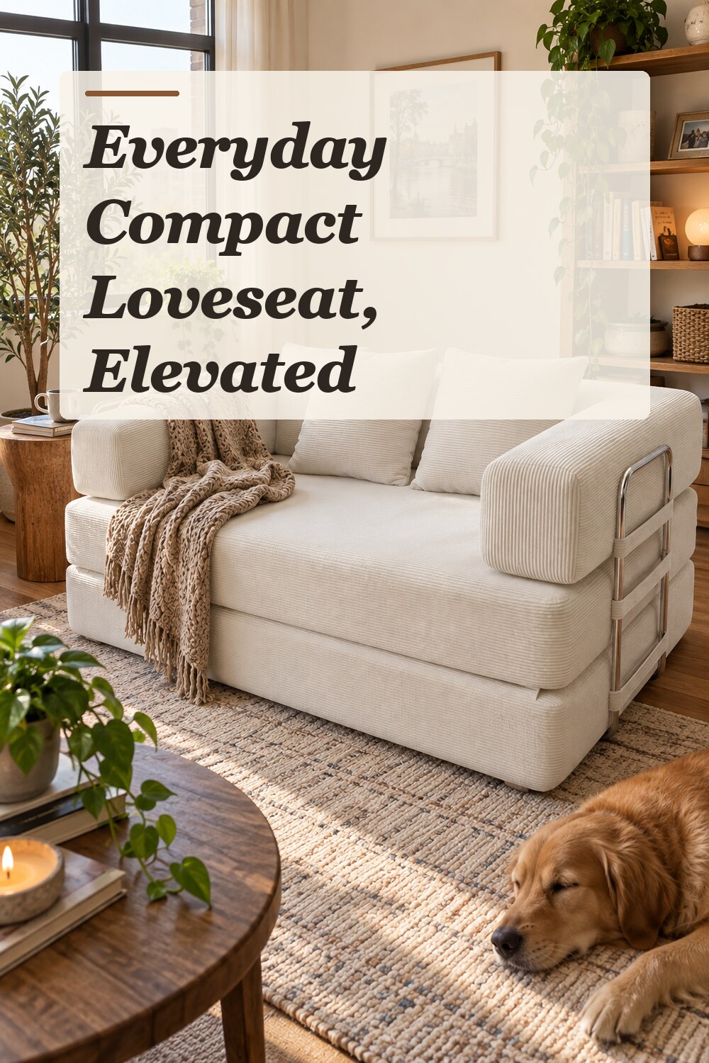 A compact loveseat used in a lived-in apartment living room with natural window light and practical everyday styling.