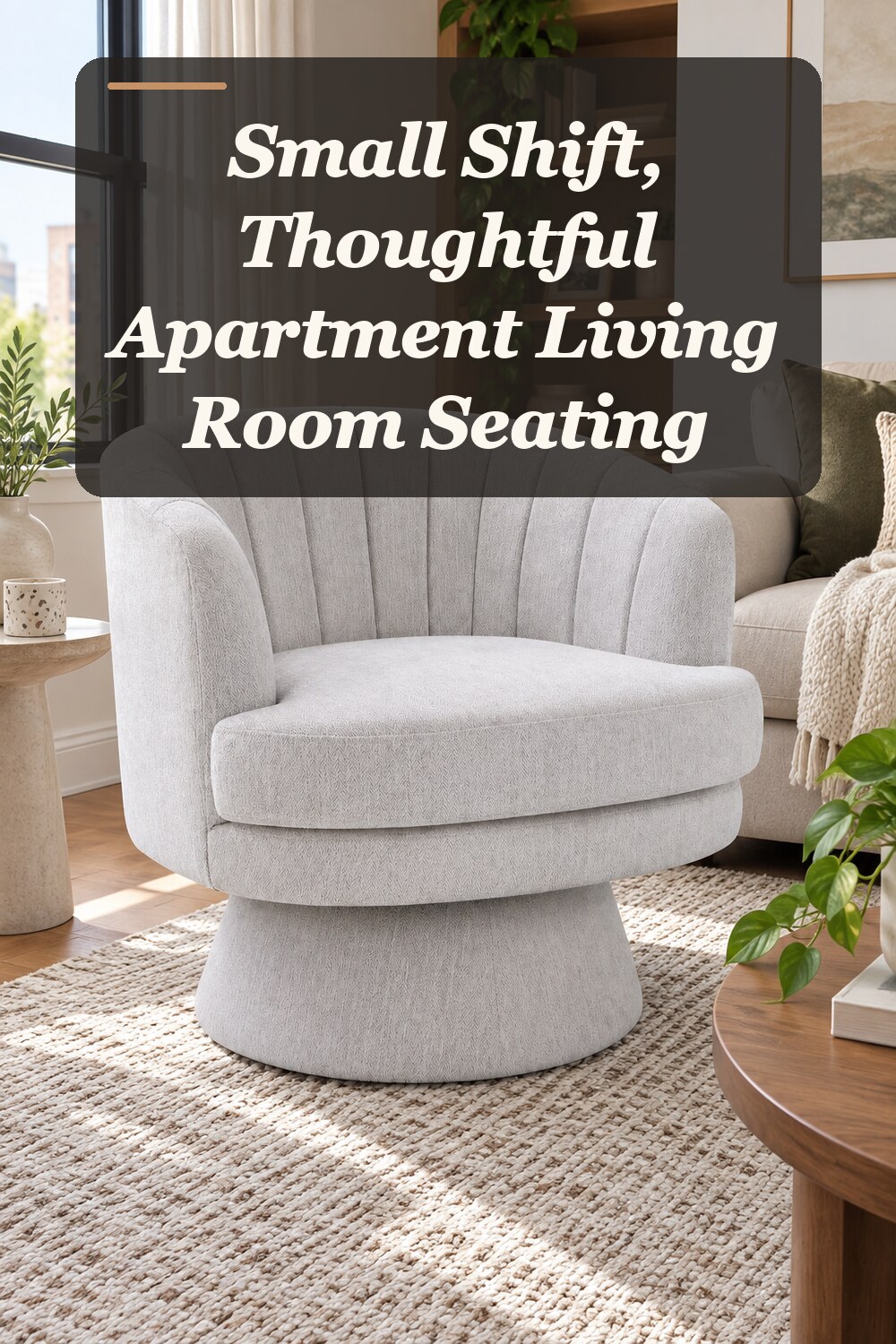 A accent chair used in a lived-in apartment living room with natural window light and practical everyday styling.