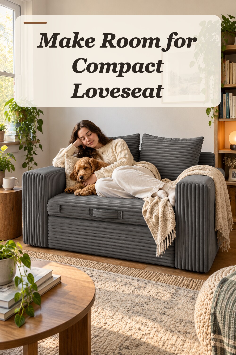 A compact loveseat used in a lived-in apartment living room with natural window light and practical everyday styling.