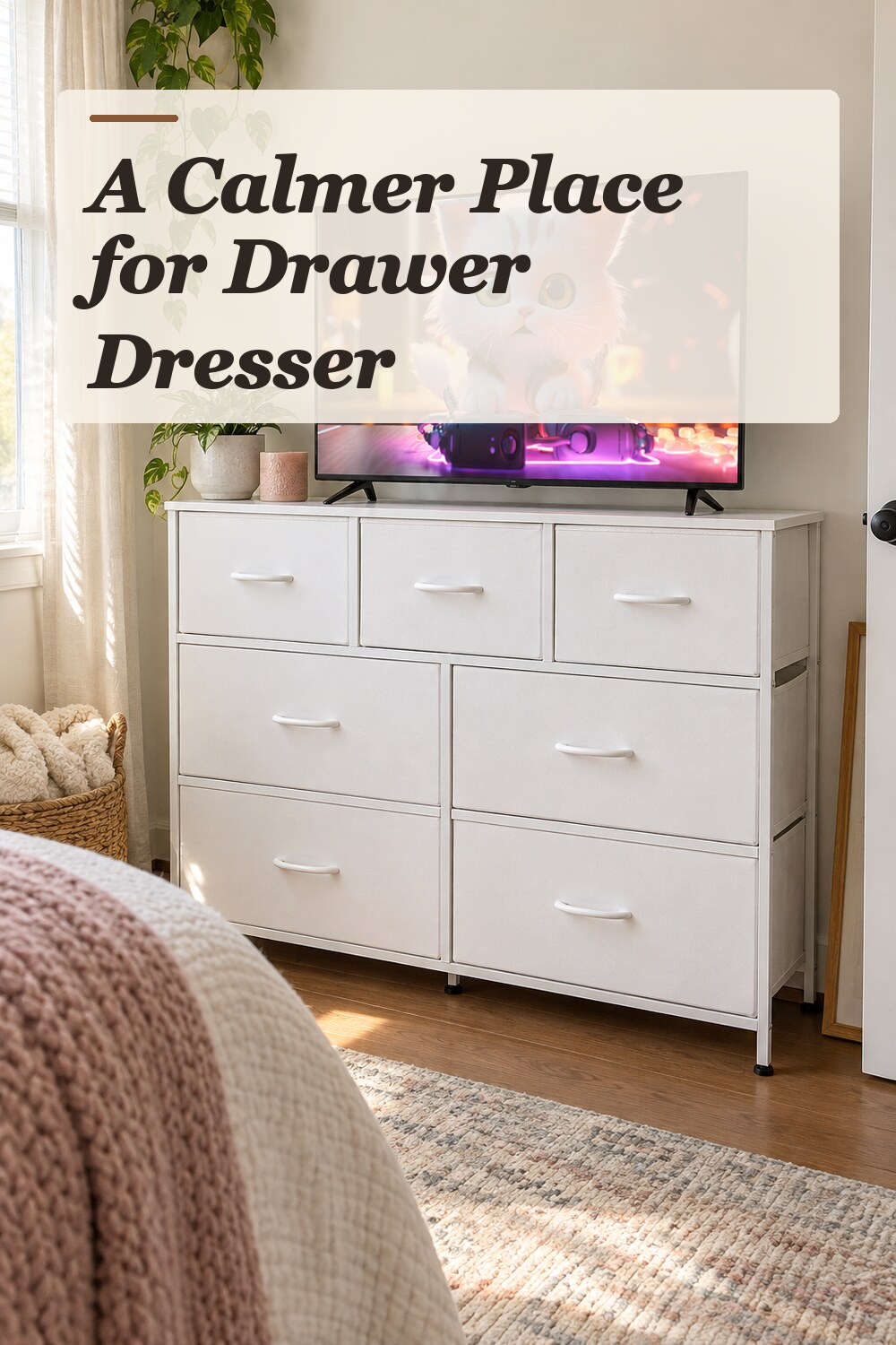 A drawer dresser used in a practical small bedroom with natural window light and practical everyday styling.