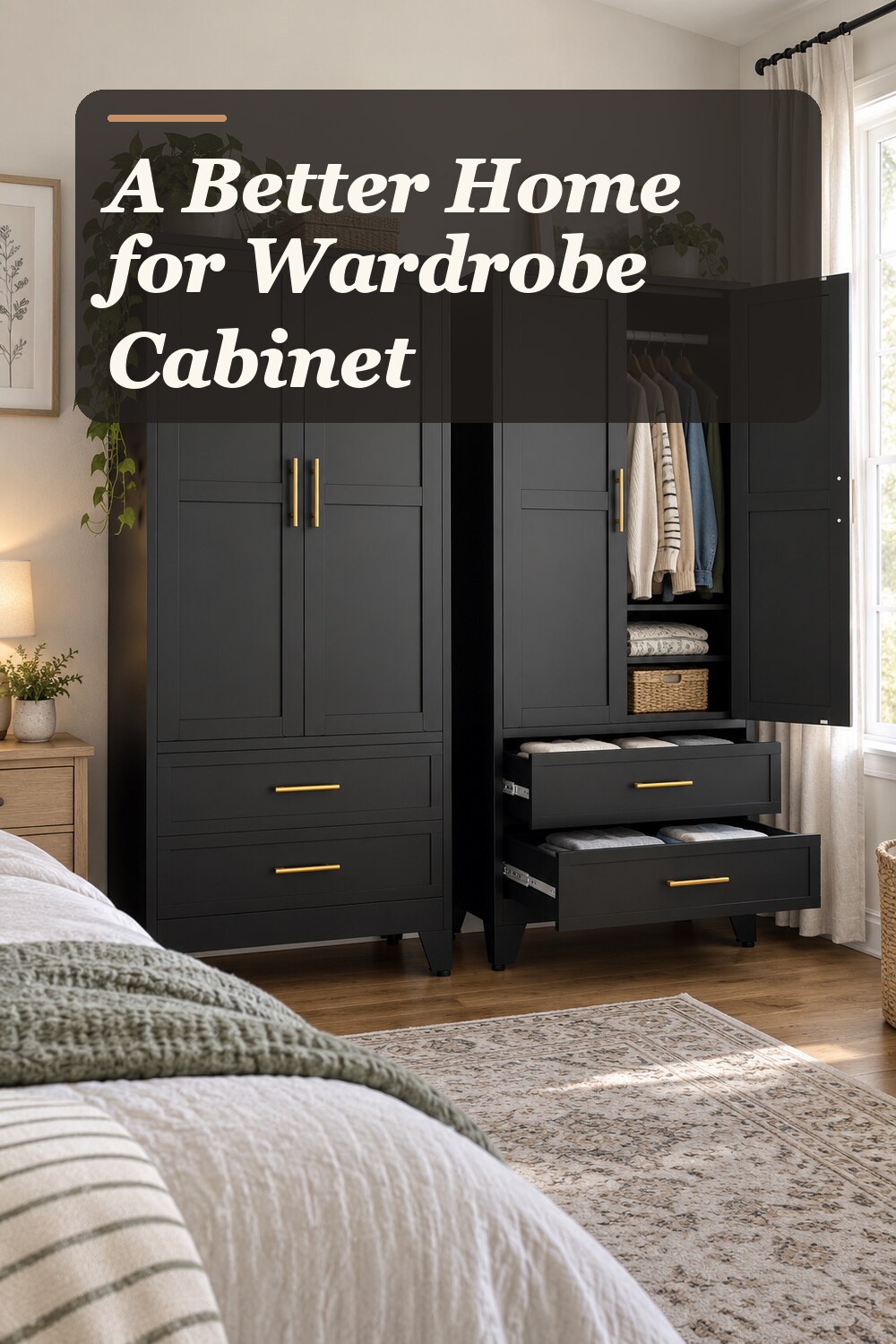 A wardrobe cabinet used in a practical small bedroom with natural window light and practical everyday styling.