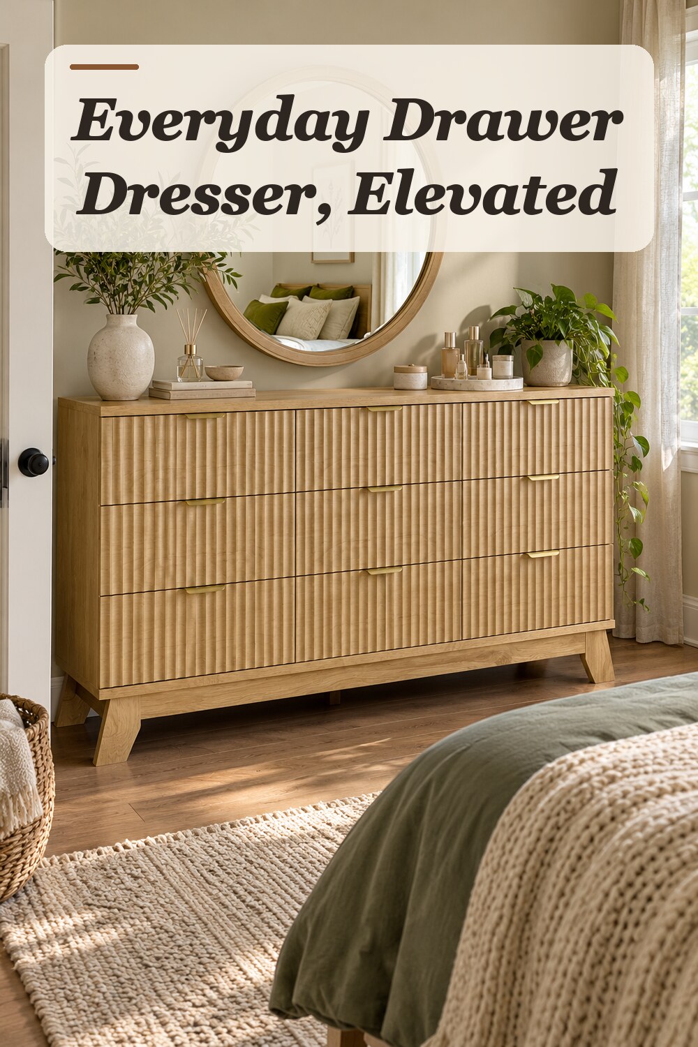 A drawer dresser used in a practical small bedroom with natural window light and practical everyday styling.
