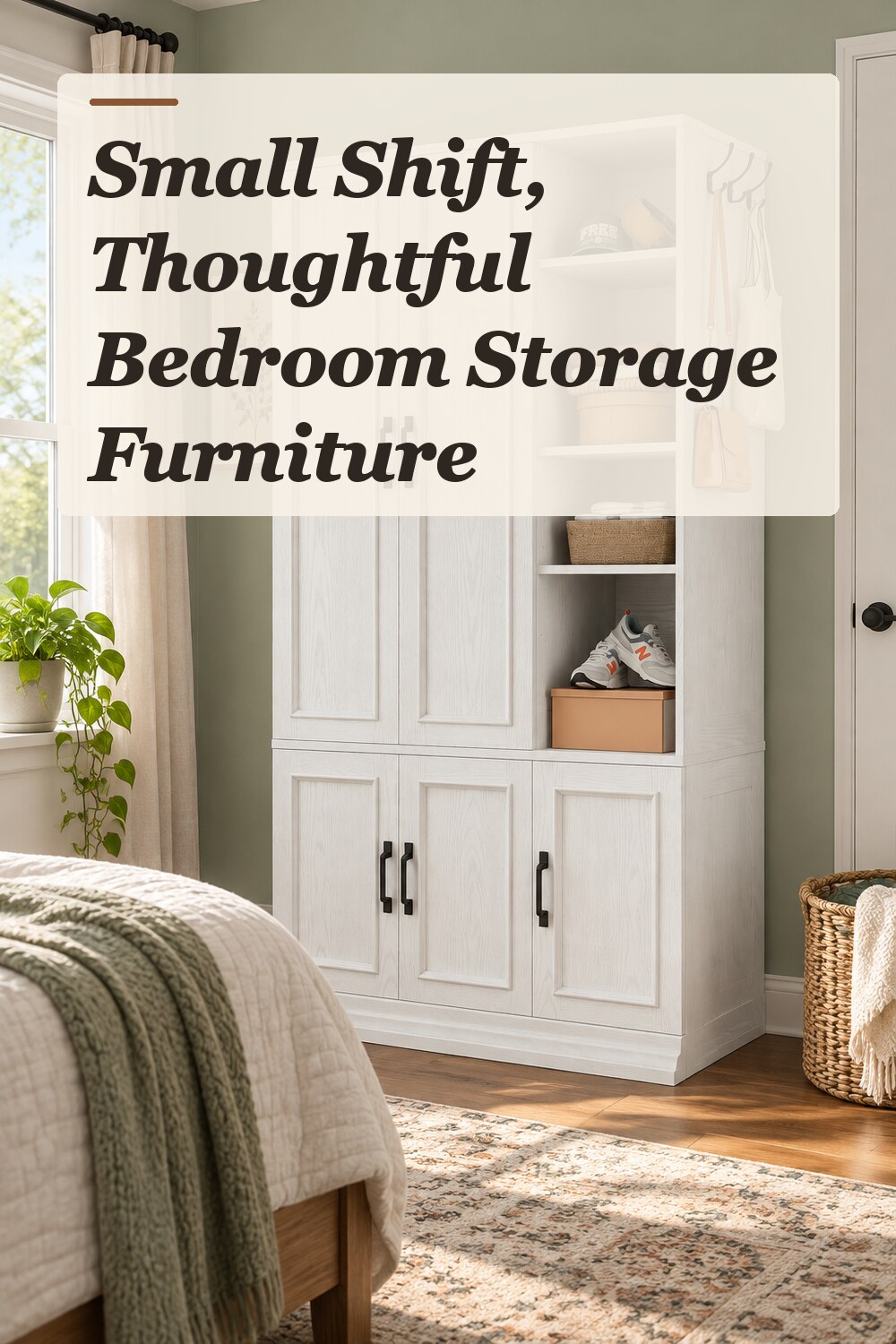 A wardrobe cabinet used in a practical small bedroom with natural window light and practical everyday styling.