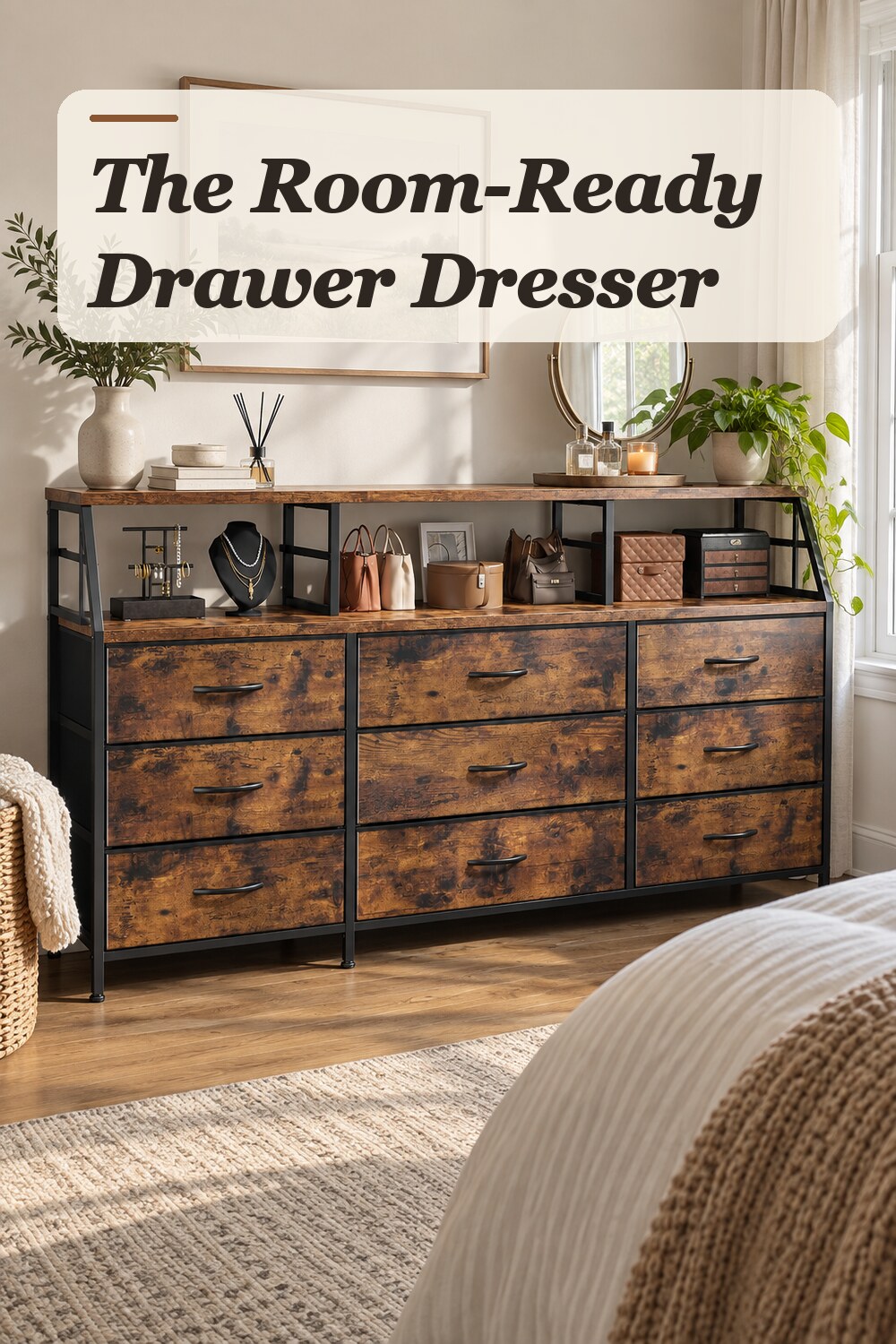 A drawer dresser used in a practical small bedroom with natural window light and practical everyday styling.