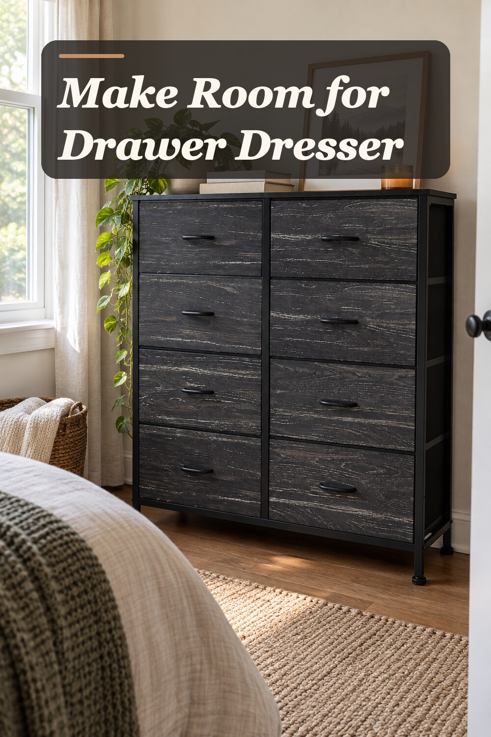 A drawer dresser used in a practical small bedroom with natural window light and practical everyday styling.