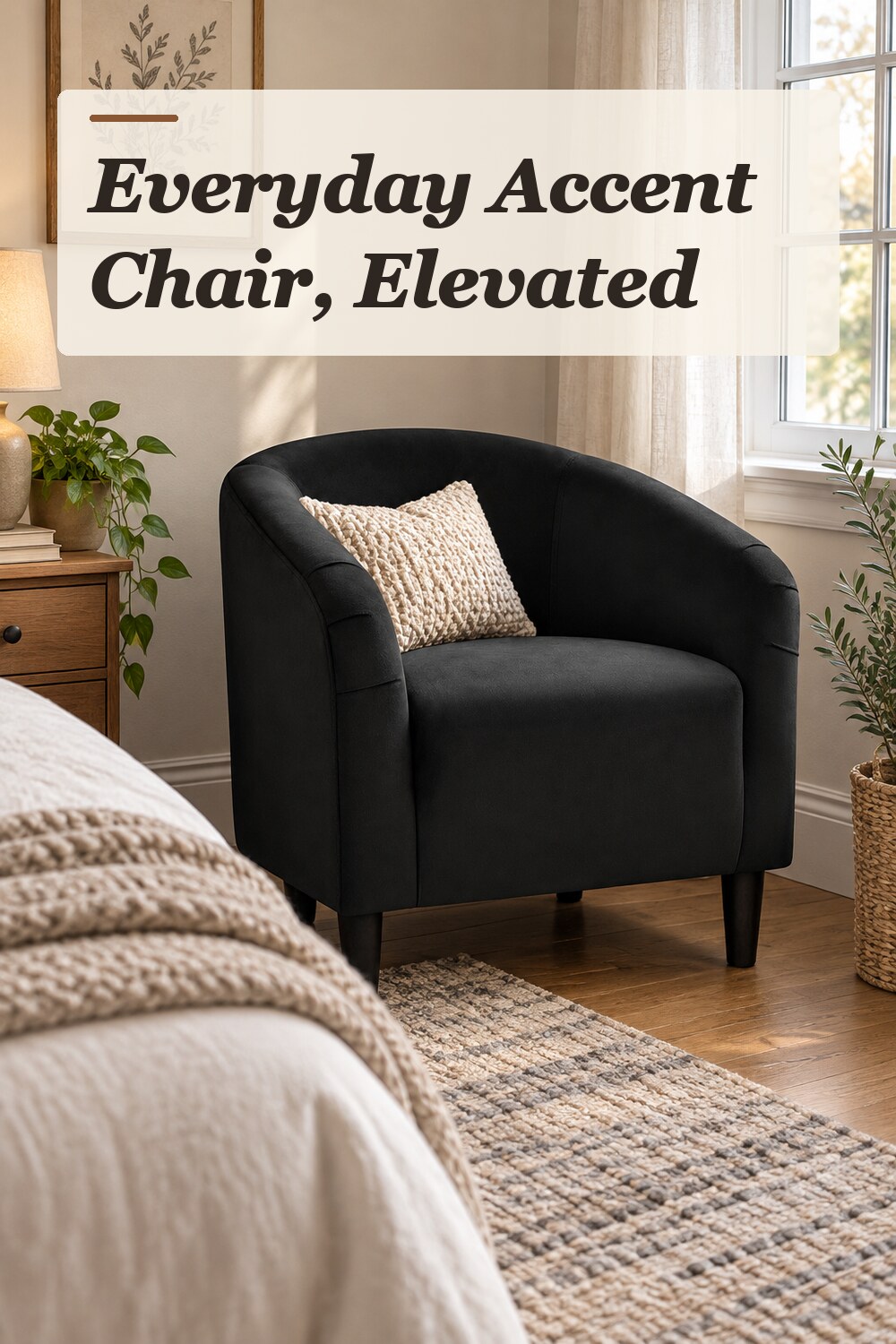 A accent chair used in a relaxed everyday bedroom with natural window light and practical everyday styling.
