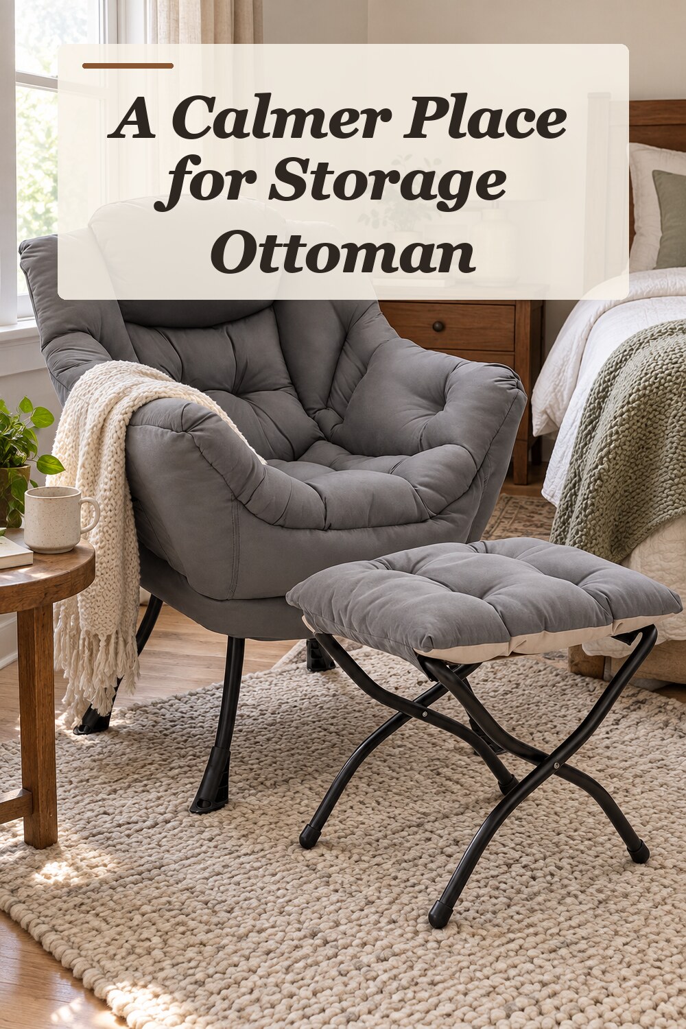 A storage ottoman used in a relaxed everyday bedroom with natural window light and practical everyday styling.