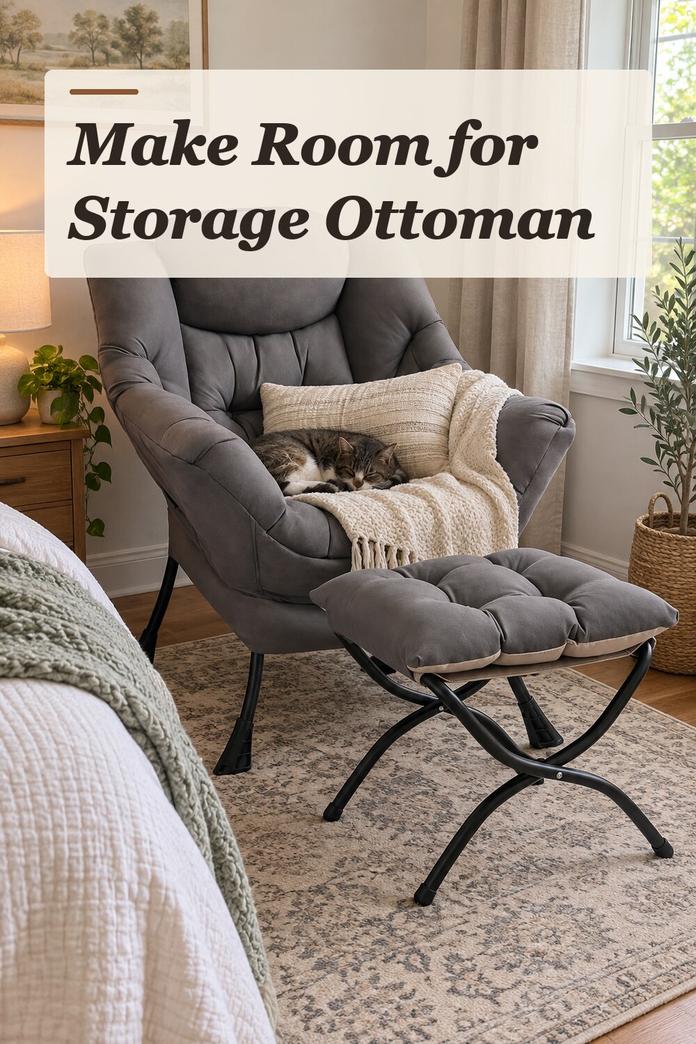 A storage ottoman used in a relaxed everyday bedroom with natural window light and practical everyday styling.