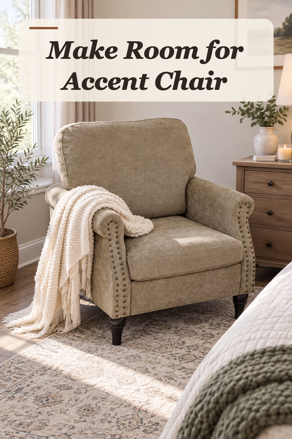 A accent chair used in a relaxed everyday bedroom with natural window light and practical everyday styling.