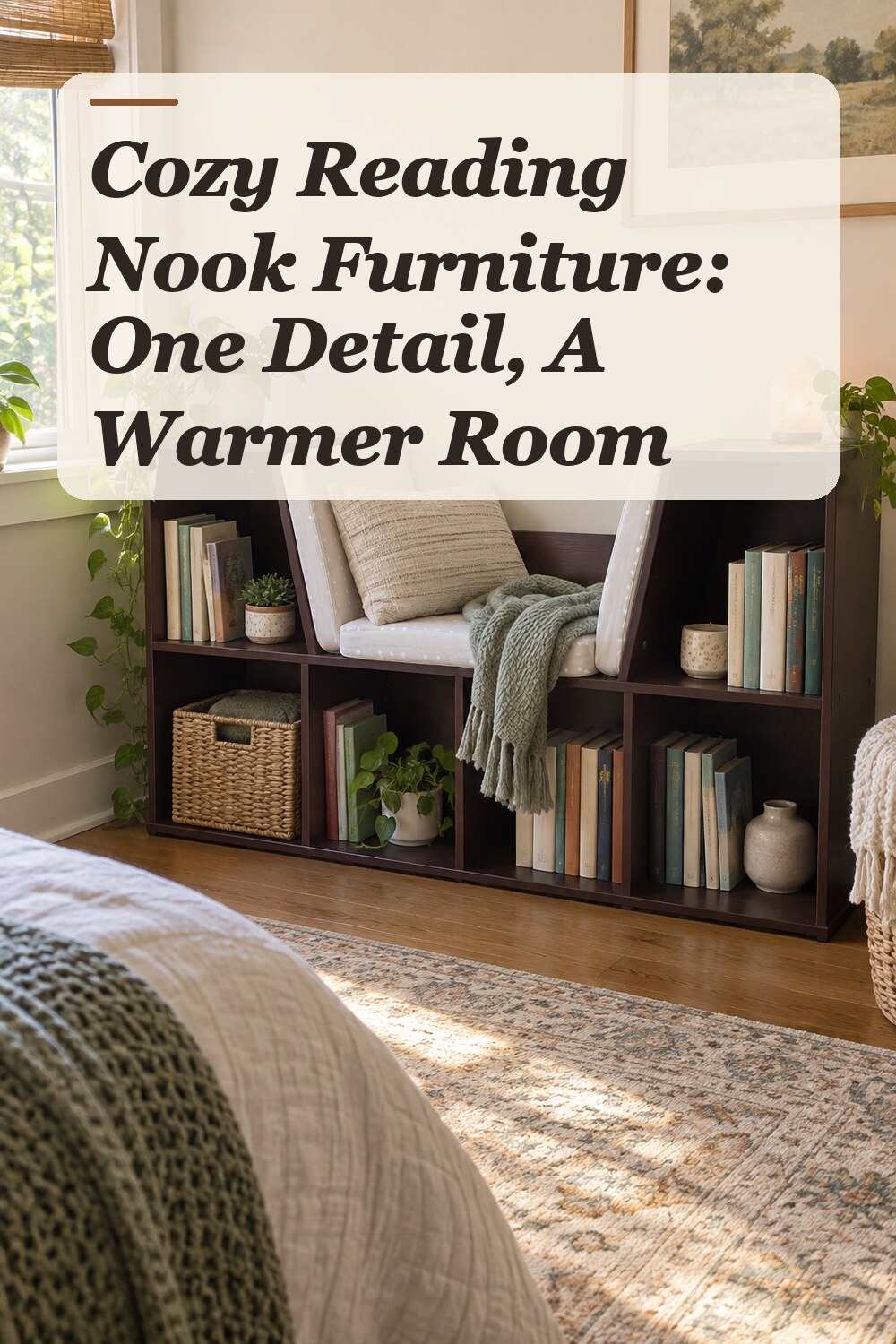 A bookcase used in a quiet bedroom reading corner with natural window light and practical everyday styling.