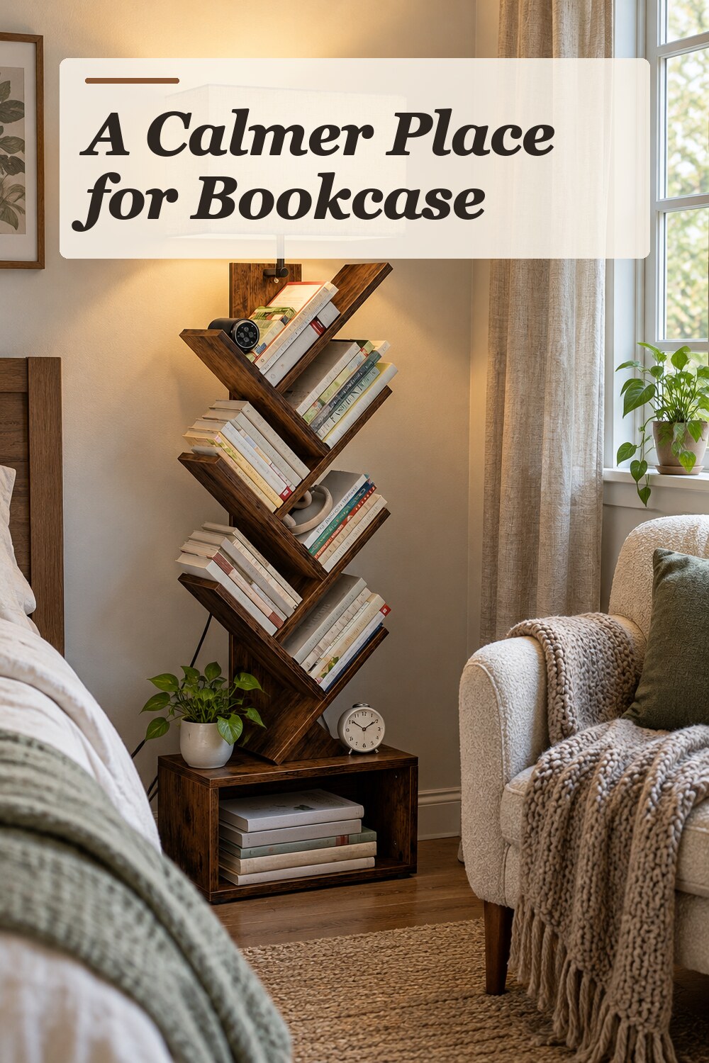 A bookcase used in a quiet bedroom reading corner with natural window light and practical everyday styling.